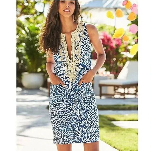 Lilly Pulitzer Carlotta Stretch Shift Dress Indigo Home Slice Size 0 $218 - Picture 1 of 10